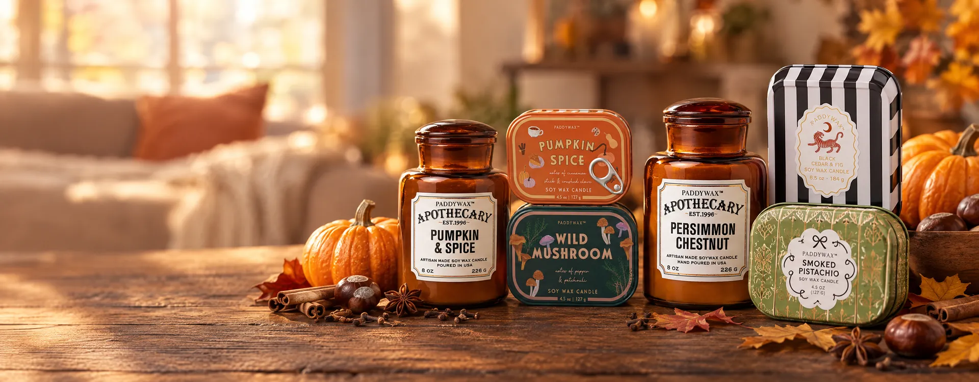 Velas Paddywax Apothecary y en lata Bistro, A Dopo y Cherie con aromas de otoño